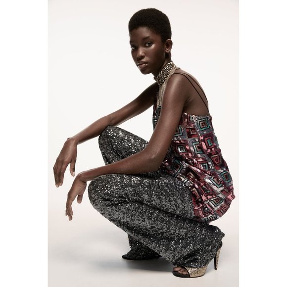 ZARA NYE SEQUIN BOHO SQUARE PATHWORK MINI DRESS - Picture 6 of 16